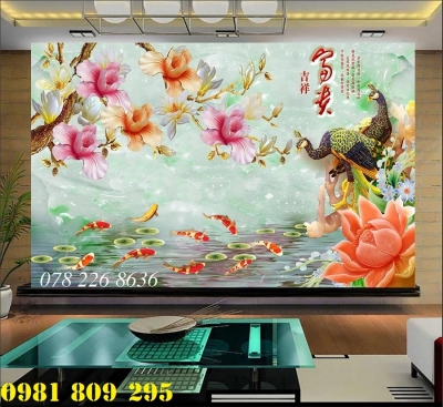 Tranh chim công hoa mẫu đơn- Gạch 3d