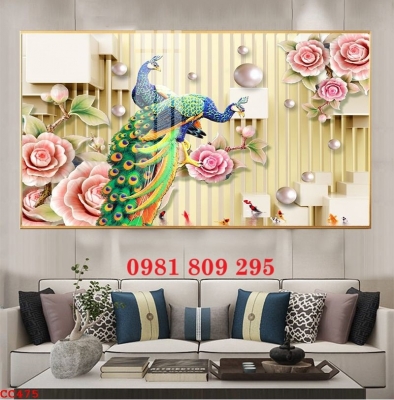 Tranh ốp tường 3d chim công , gạch tranh