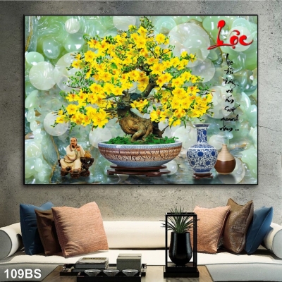 Tranh hoa mai vàng trên nền gạch men