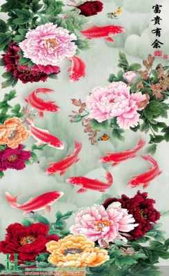 tranh hoa mẫu đơn cá chép - gạch tranh 3d ốp tường - VC2