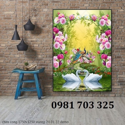 Gạch tranh 3d chim công mẫu đơn