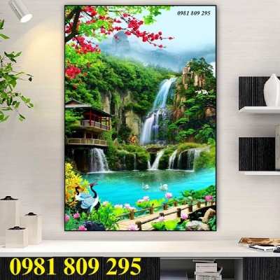 tranh gạch men 3d thác nước khổ đứng