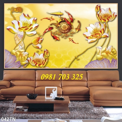 Tranh gạch hoa sen cá chép đẹp
