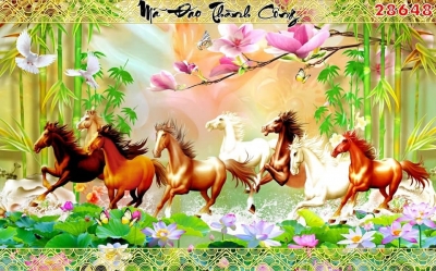 Tranh 3d - tranh gạch 3d 8 con ngựa - QGF4