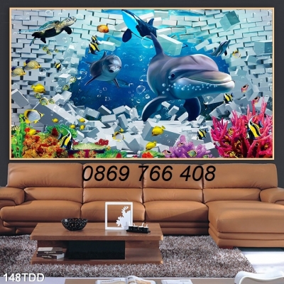Tranh 3d cá heo đại dương-Gạch tranh ốp tường