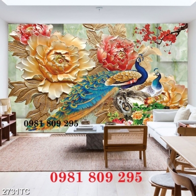 Gạch 3d chim công hoa mẫu đơn vợ chồng