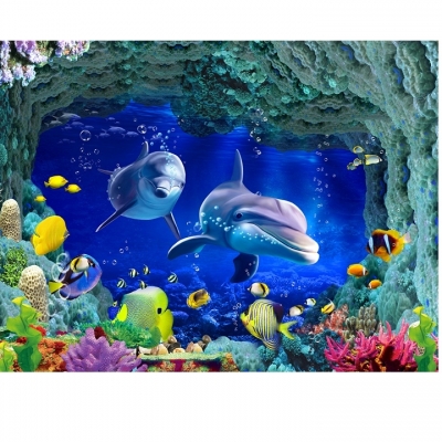 Tranh 3D trang trí phòng- tranh cá heo- gạch ốp tường