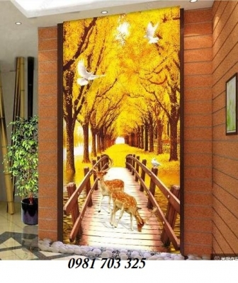 Tranh gạch 3D phòng khách- gạch tranh phong cảnh mùa thu khổ đứng