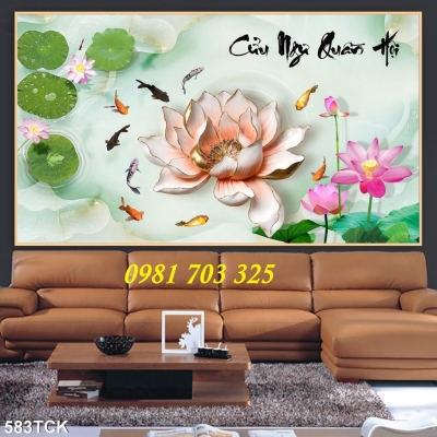 Tranh gạch hoa sen cá chép đẹp