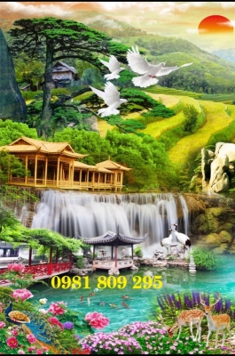 Tranh thác nước - tranh gạch 3d phong cảnh sơn thủy