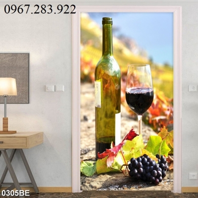Tranh trang trí phòng bếp hoạ tiết hoa quả và chai rượu