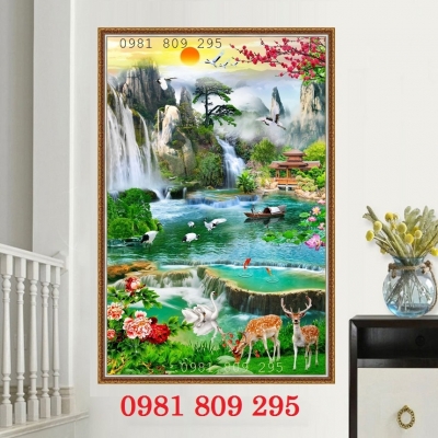 Tranh gạch khổ dọc 3d thác nước