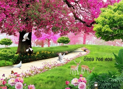Tranh gạch phong cảnh hoa đào-tranh 3d hoa đào đón xuân