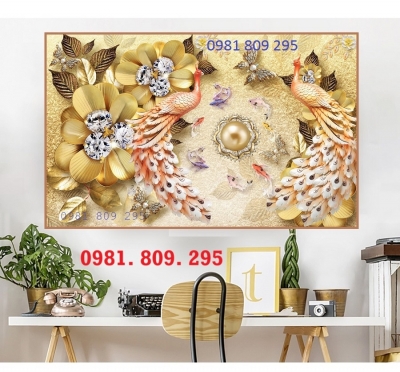 Tranh chim công , gạch men, ốp tường 3d