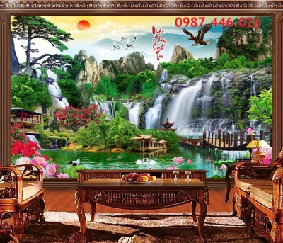 Gạch 3d tranh ốp tường phong cảnh thác nước HP7332