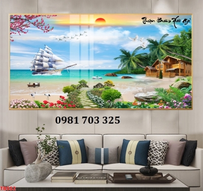 Gạch men 3D thuyền buồm dán tường phòng khách