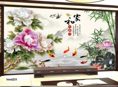Tranh gạch phong thủy cá chép hoa mẫu đơn - 876CV