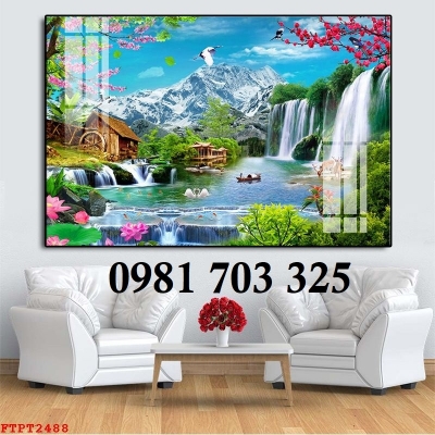 Tranh gạch phong cảnh thác nước son thủy hữu tình