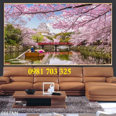 Tranh gạch 3D ốp tường phòng khách, tranh hoa đào