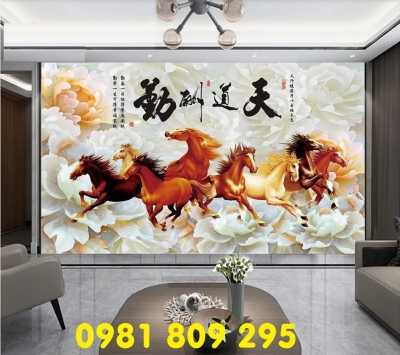 Gạch 3d bát mã - tranh gạch 3d ngựa phong thủy