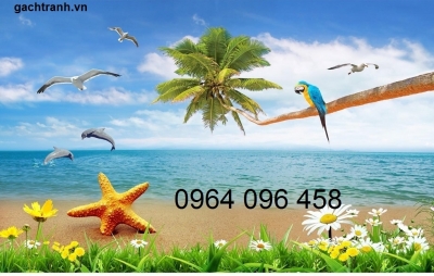 Tranh gạch 3d phong cảnh bờ biển cây dừa - KMN8