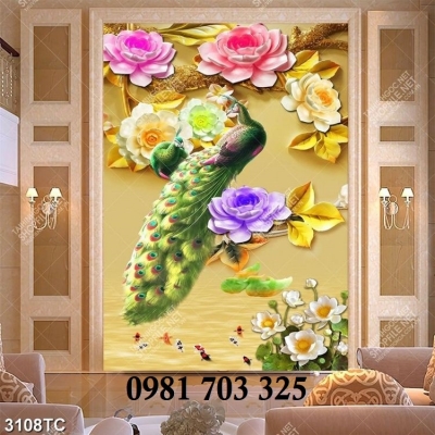 Tranh gạch khổ đứng chim công trang trí
