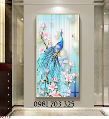 Tranh gạch phong thủy chim công 3D khổ đứng