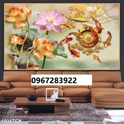 Tranh gạch đẹp 3d cá và hoa