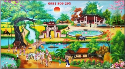 Gạch tranh 3D, tranh gạch men làng quê GP3658