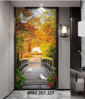 Tranh gạch 3D phòng khách- gạch tranh phong cảnh mùa thu khổ đứng