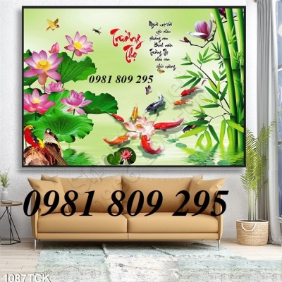 tranh gạch 3d chim công cá chép