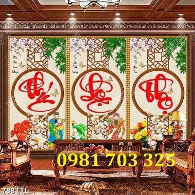 Gạch tranh thư pháp 3 tấm phúc lộc thọ