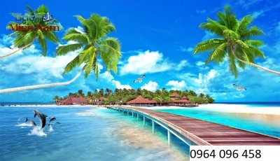 Tranh gạch 3d phong cảnh bờ biển cây dừa - HDSA2