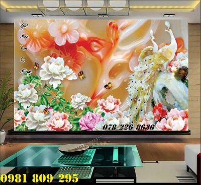 Tranh chim công hoa mẫu đơn- Gạch 3d