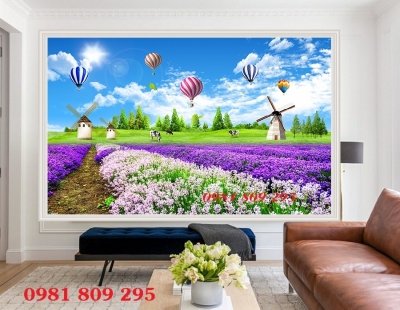 Tranh phong cảnh - tranh gạch 3d cánh đồng hoa tím