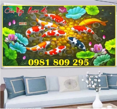 Tranh ốp trên tường cá chép , gạch 3d hoa sen