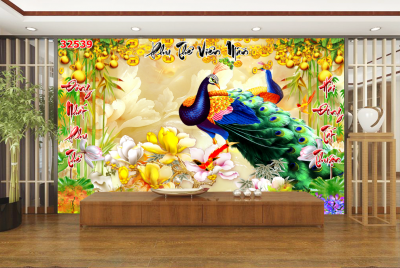 tranh phong thủy chim công, gạch 3D trang trí tường