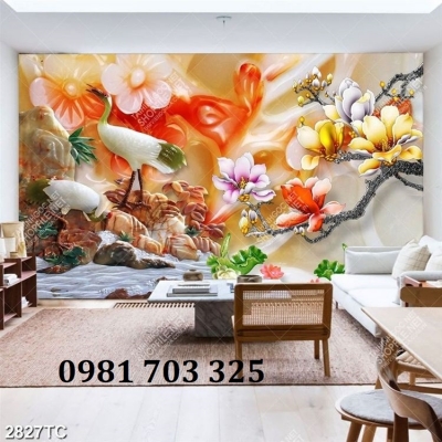 Tranh chim hạc, gạch men 3D ốp phòng khách