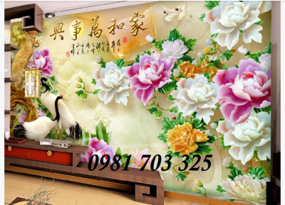 tranh 3D hoa mẫu đơn, tranh gạch ốp tường