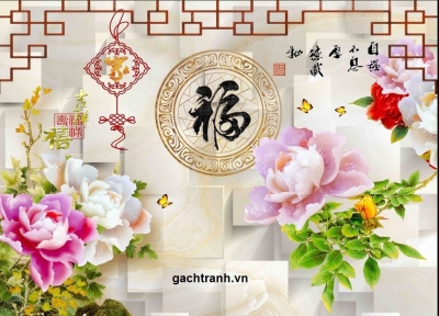 Tranh gạch 3d ốp tường hoa mẫu đơn phong thủy - DXBBV73