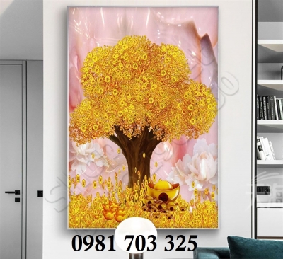 Tranh gạch cây kim tiền vàng 3D