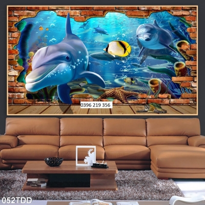 Gạch tranh 3d cá heo và đại dương trang trí nhà