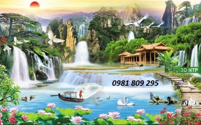 mẫu tranh gạch men 3d thác nước