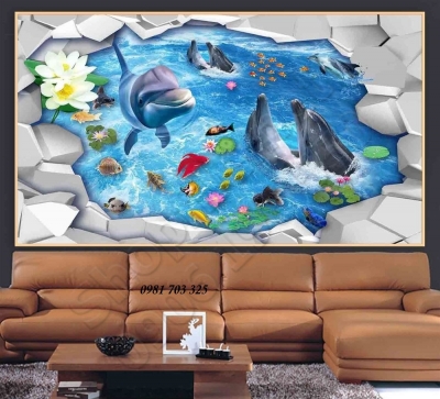 Tranh gạch men 3D đại dương xanh và cá heo