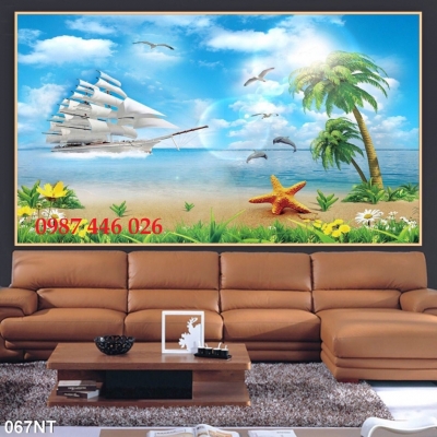 Gạch ốp tường tranh thuyền buồm phòng khách 3d