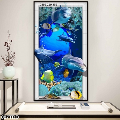 Tranh Cá heo và đại dương 3d ốp lát trang trí