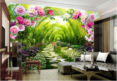 Gạch tranh 3d phong cảnh vườn hoa thiên nhiên trang trí phòng khách