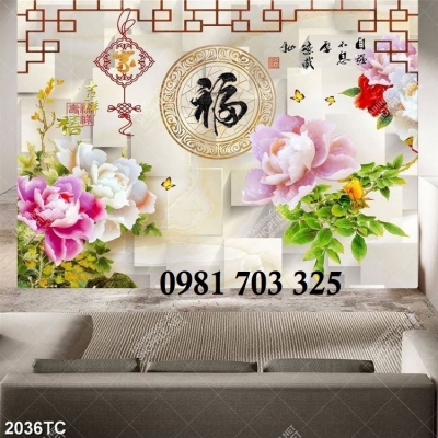 Tranh gạch hoa mẫu đơn sứ ngọc dán tường
