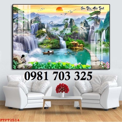 Tranh gạch phong cảnh thác nước son thủy hữu tình