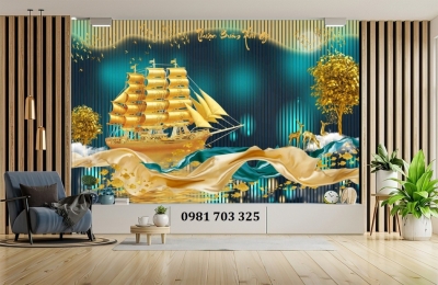Tranh gạch thuyền vàng 3D phong thủy dán tường